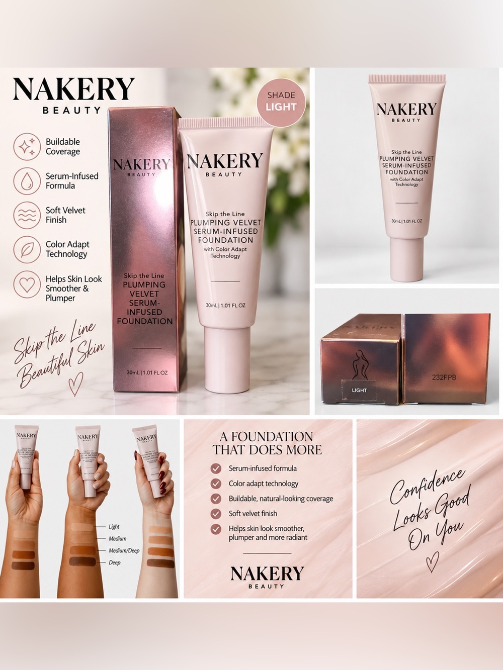 Nakery Beauty Skip the Line Plumping Velvet Foundation LIGHT 1.01 oz